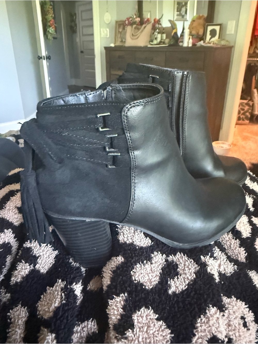 Fringe Detail Black Ankle Booties with Stacked Heel